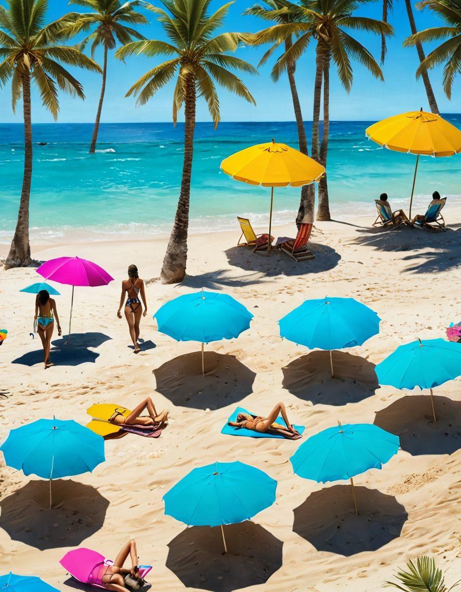 An idyllic beach scene showcasing diverse models wearing vibrant, stylish bikinis, featuring various patterns and cuts. Crystal-clear turquoise water lapping at the shore, with palm trees swaying in the background and colorful beach umbrellas scattered around. Include playful beach activities such as surfing and volleyball, inspired by a carefree summer vibe. Bright sunlight casting soft shadows on the sand, evoking a fun and relaxed atmosphere. super-realistic. vibrant colors. 3D.